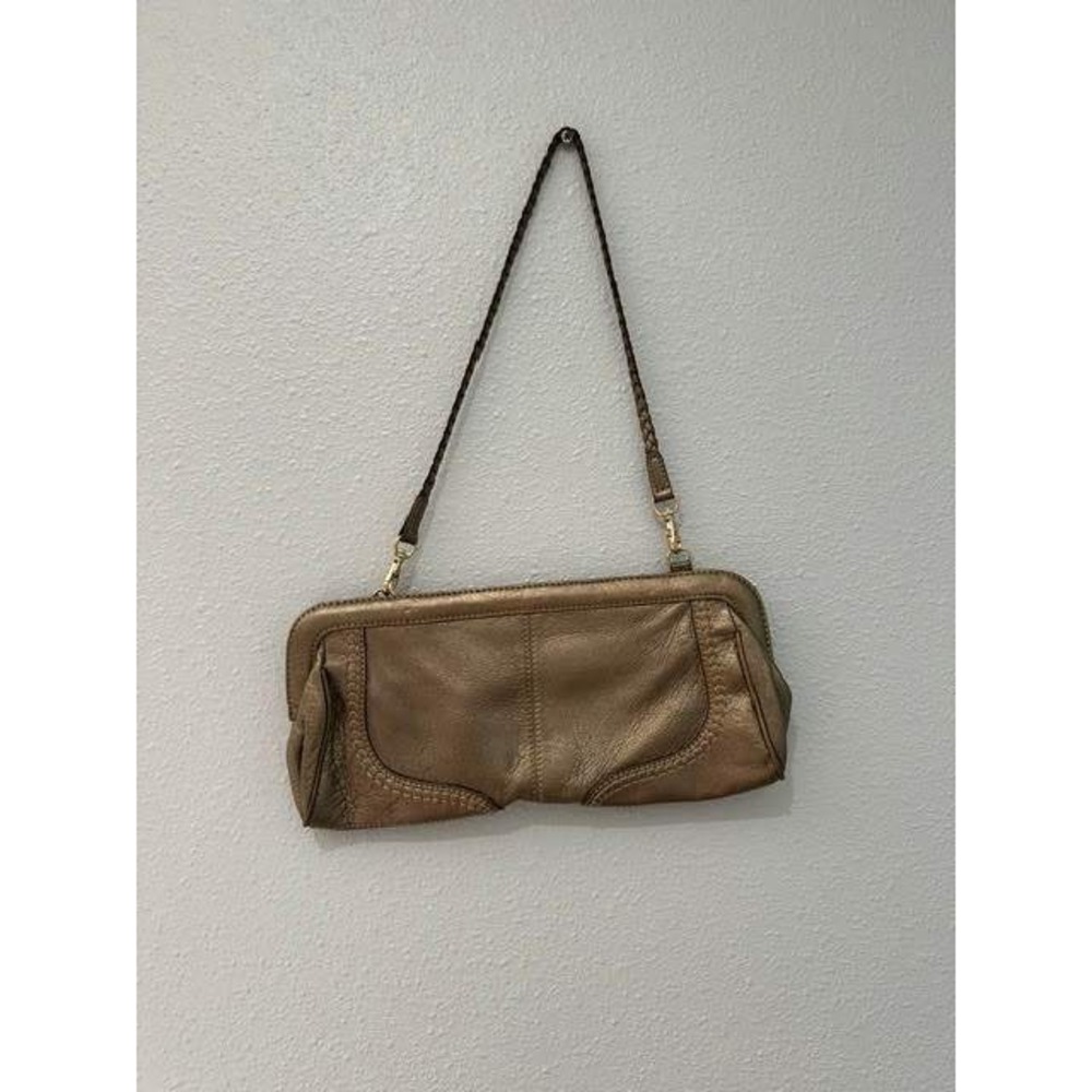 Sigrid Olsen Metallic Bronze Leather Baguette Shoulder Bag Leopard Print Lining